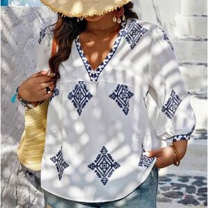 SHEIN 2xl top. White with printed navy accents. V neck